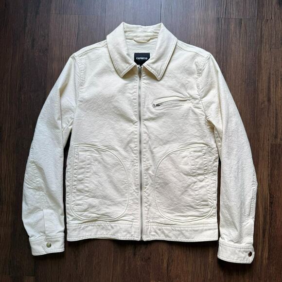 Express Off-White Stretch Denim Zip Front Jacket – Collared – Size S - Picture 1 of 4